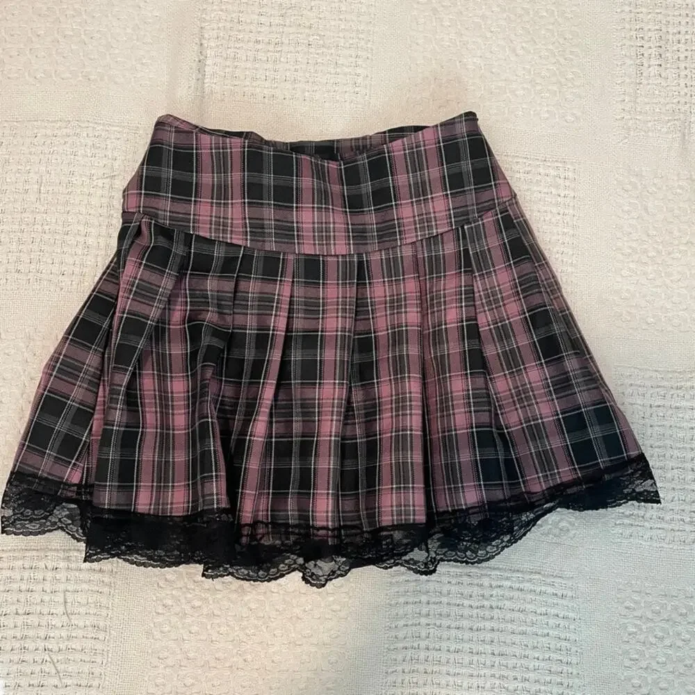 Romwe small schoolgirl plaid lace tie mini skirt cosplay SK 3467